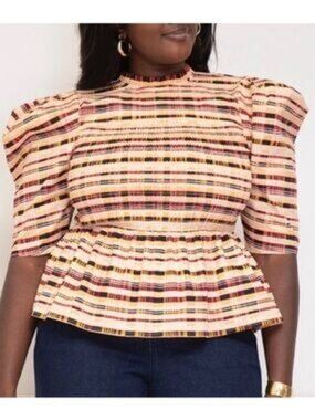 Eloquii Elements Smocked Puff Sleeve Peplum Top Size 20 Multicolor Plaid